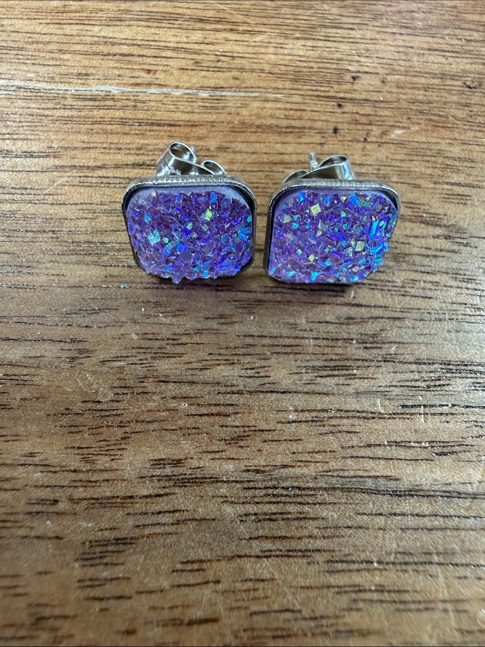 Silver-Tone Purple Druzy Stud Earrings - Men Accessories